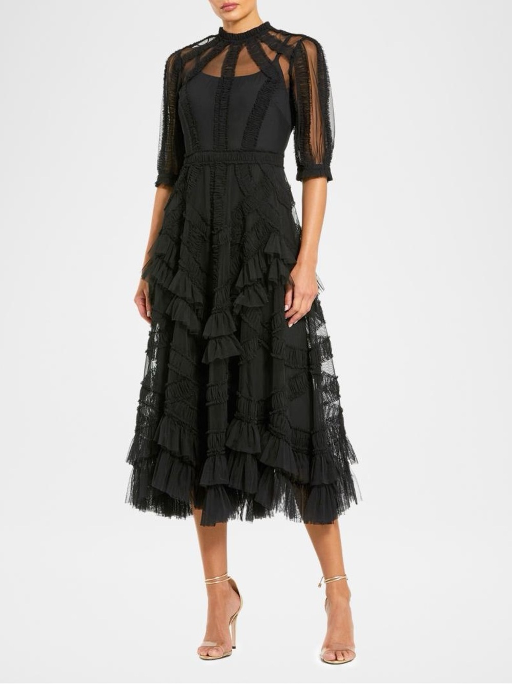 Mac Duggal High Neck Ruffle Tulle A Line Midi Dress Black Size 8 NWT $698